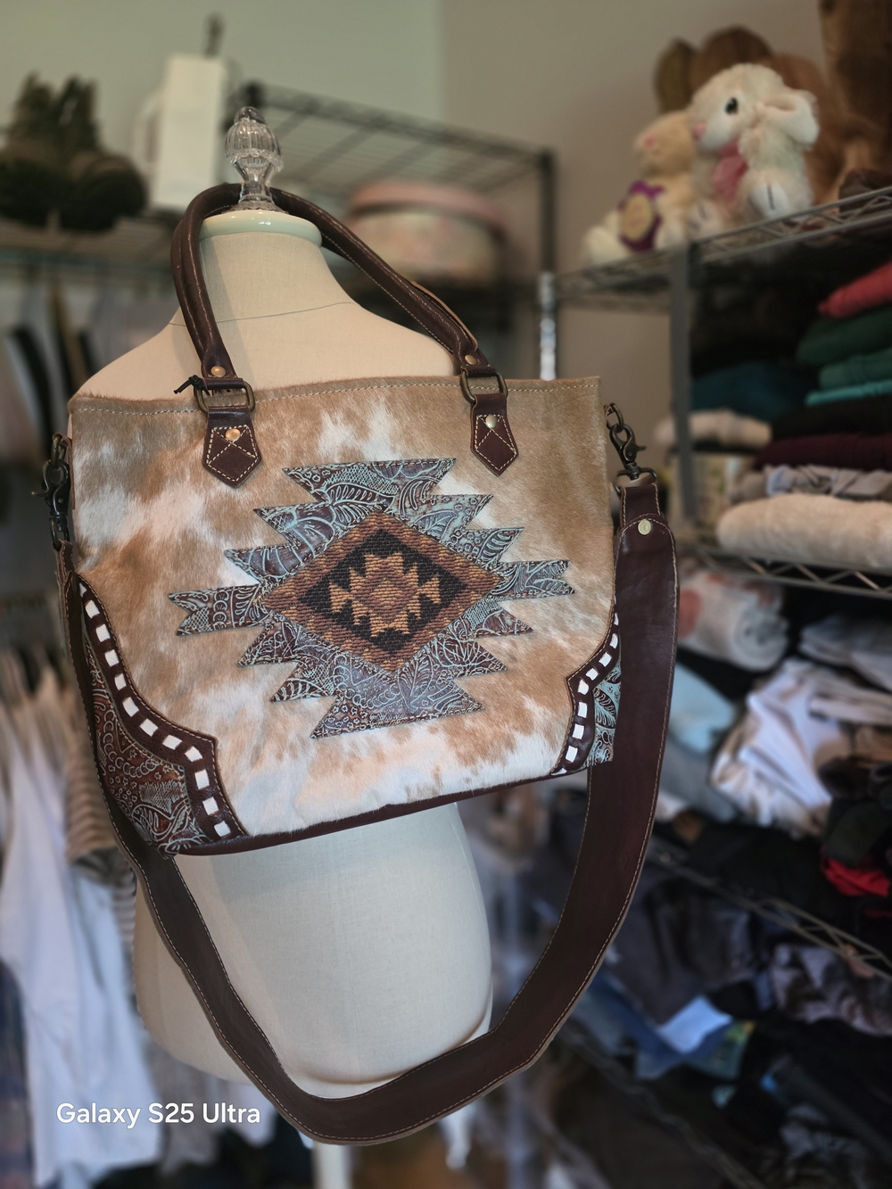 Boho Cowhide Tote with Tribal Embroidery - Brown & White